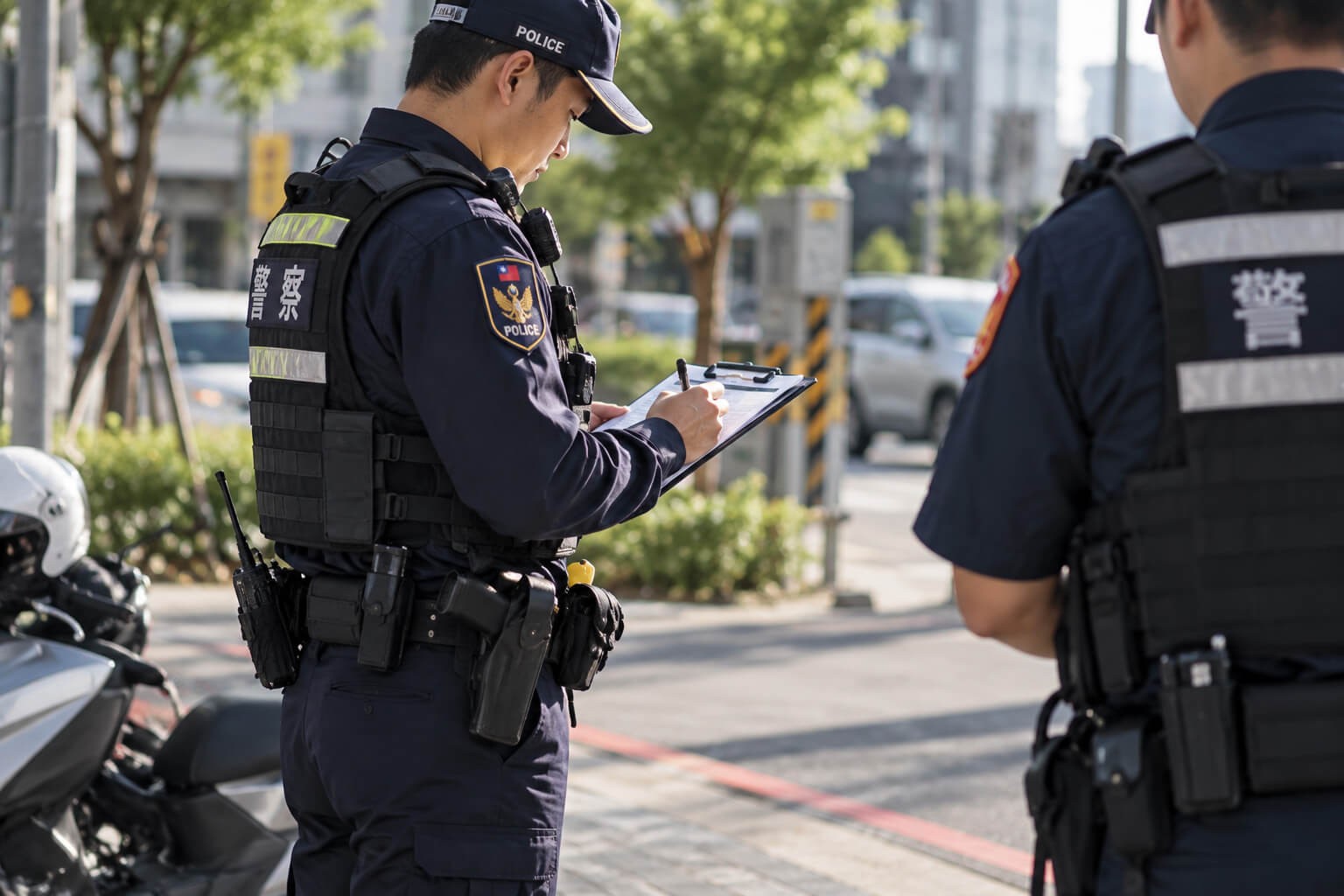 員警於路邊記錄案件資料